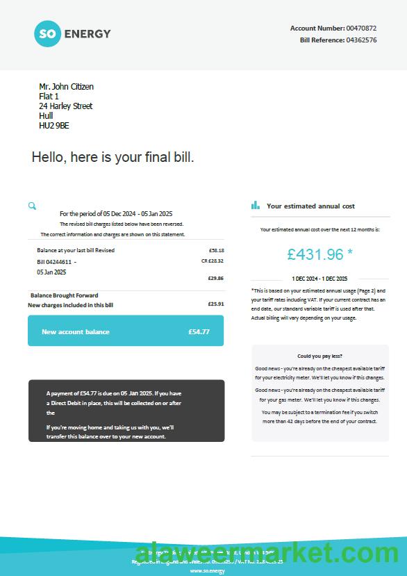 United Kingdom So Energy utility bill template in Word and PDF formats